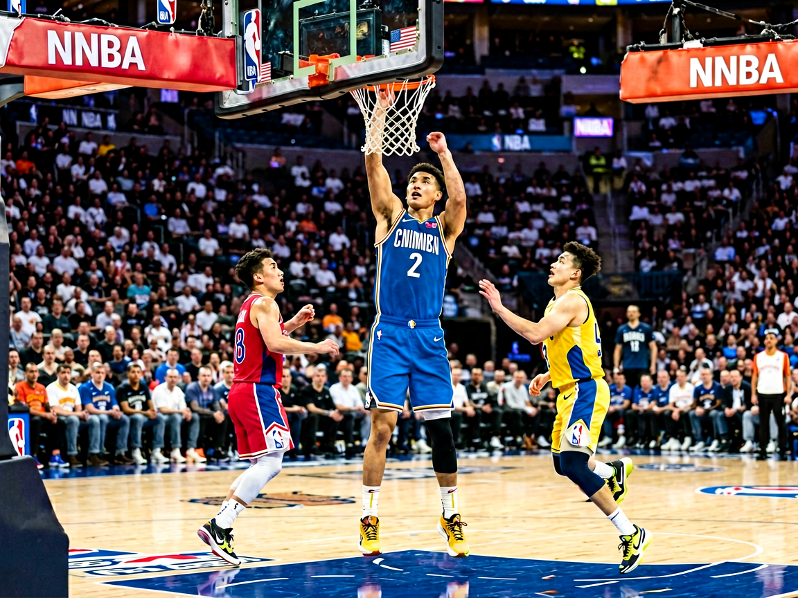 NBA比赛现场,球员在球场上完成精彩扣篮
