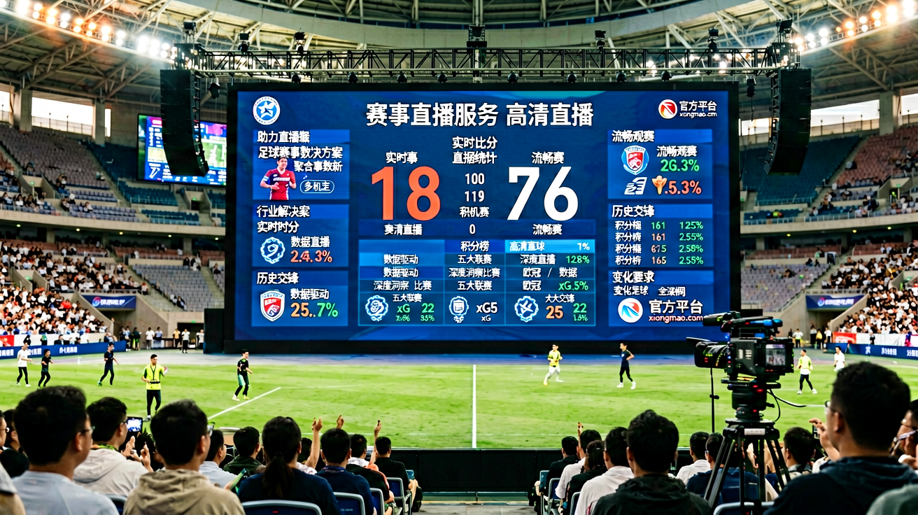体育场馆内赛事直播场景，大屏幕显示实时比分和数据统计